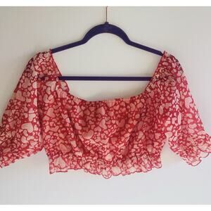 Whimsical Y2K Heart Mesh Blouse Cottagecore Ruffle Crop Top Puff Sleeve S / M